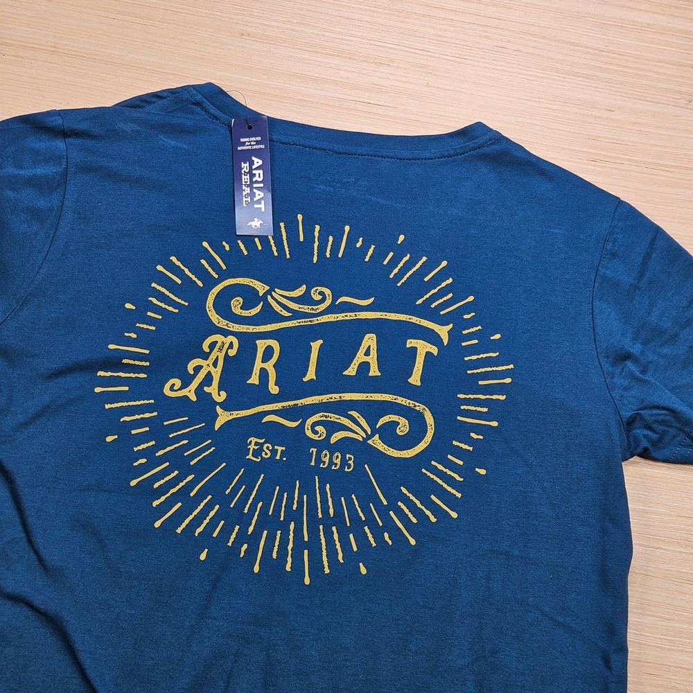 Ariat Real Vintage Sunburst SS Tee Womens S Blue Opal Graphic V-Neck NEW
